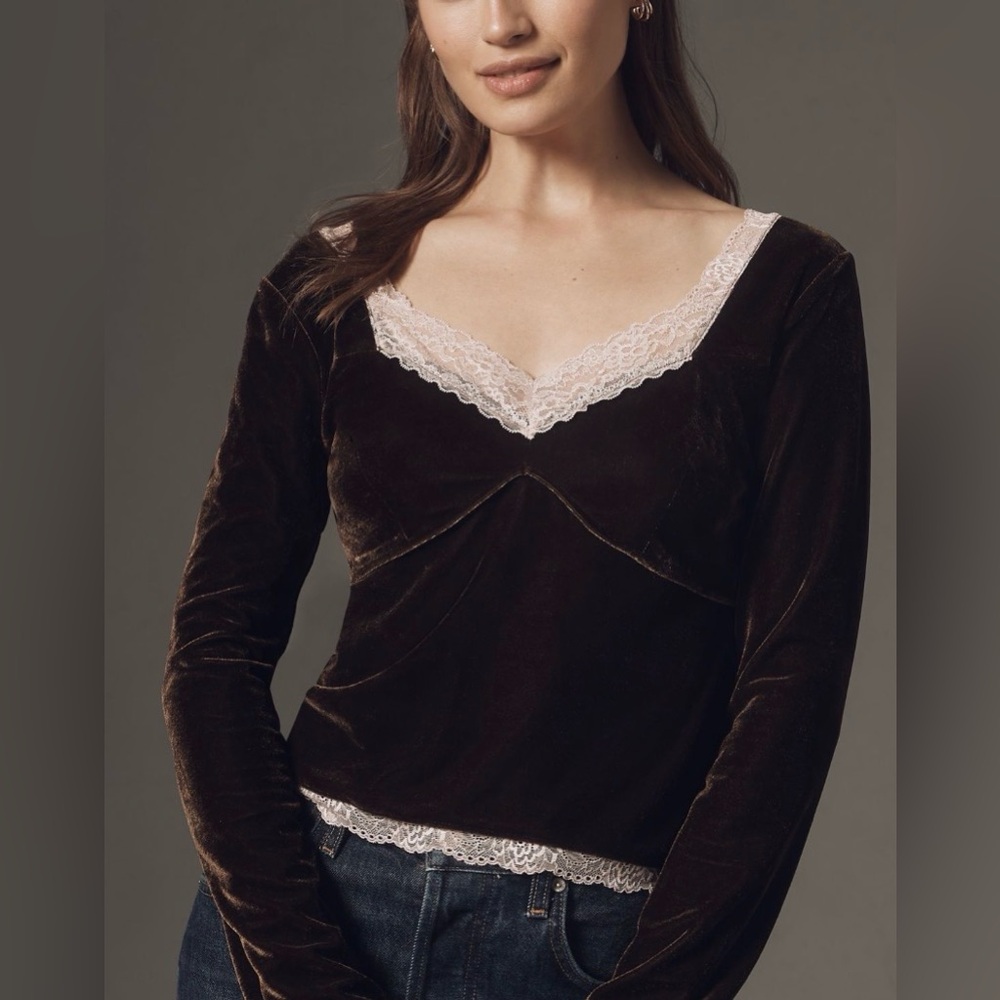 Anthropologie Velvet Lace V-Neck Long Sleeve Top NWT Chocolate Brown Size M